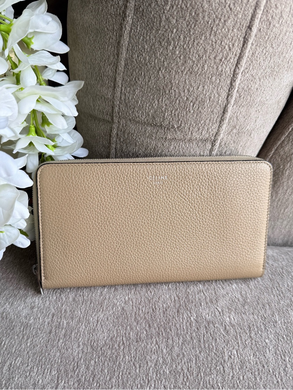 Celine Beige Zip Around Leather Wallet Red Interior Authentic with COA
